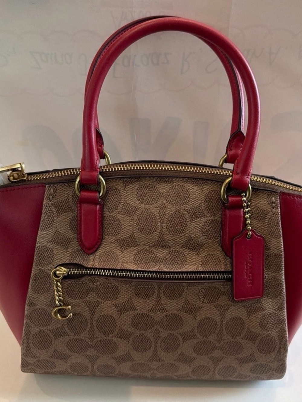 Coach Brown Signature Satchel with Red Leather Accents